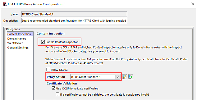 Captura de pantalla de la configuración de Acción Proxy HTTPS, configuración de Inspección de Contenido